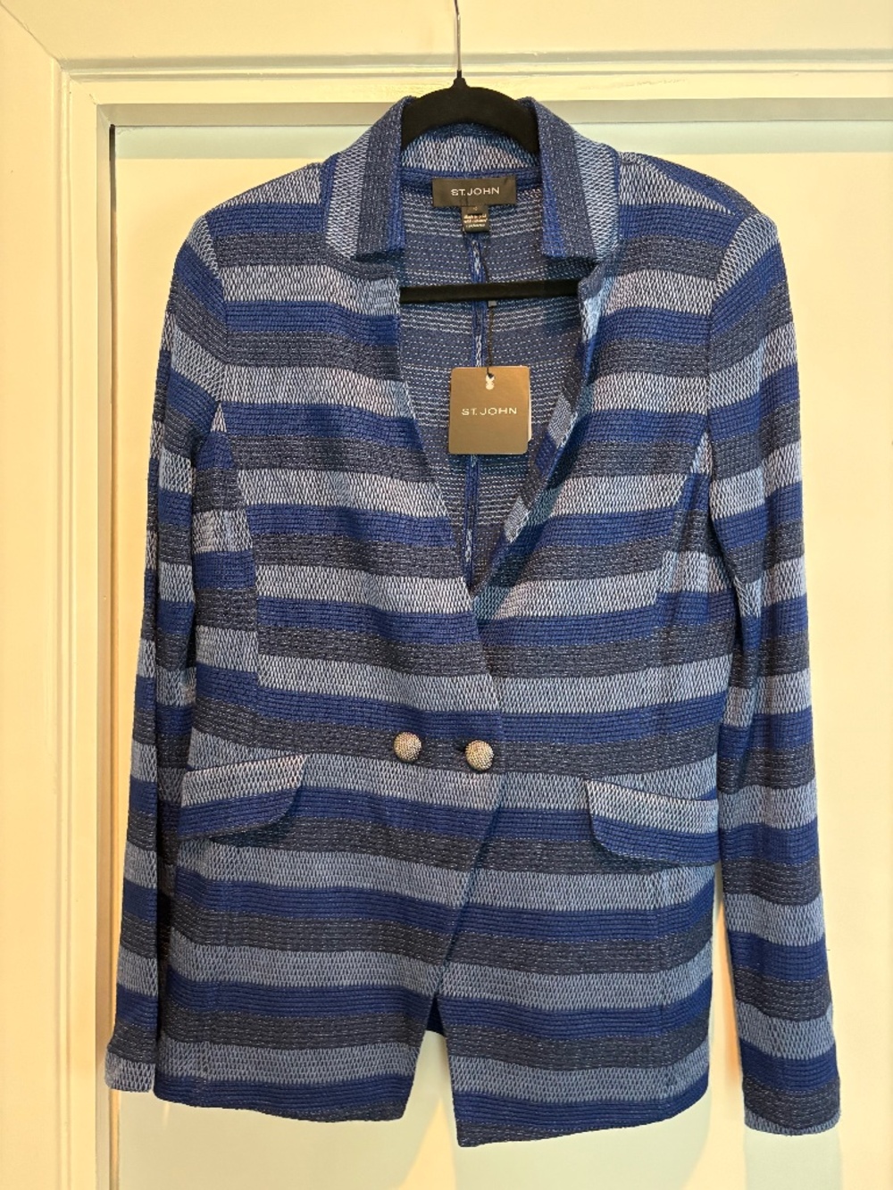 NWT St. John Collection Striped Wool Rayon Knit Blazer Jacket Cornflower 10